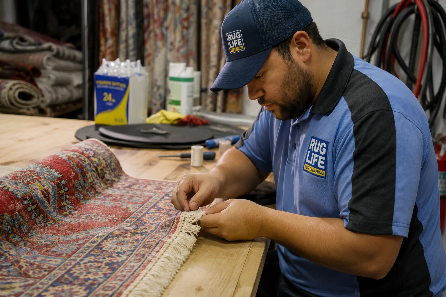 Rug Life technician inspecting rug fringe at workbench