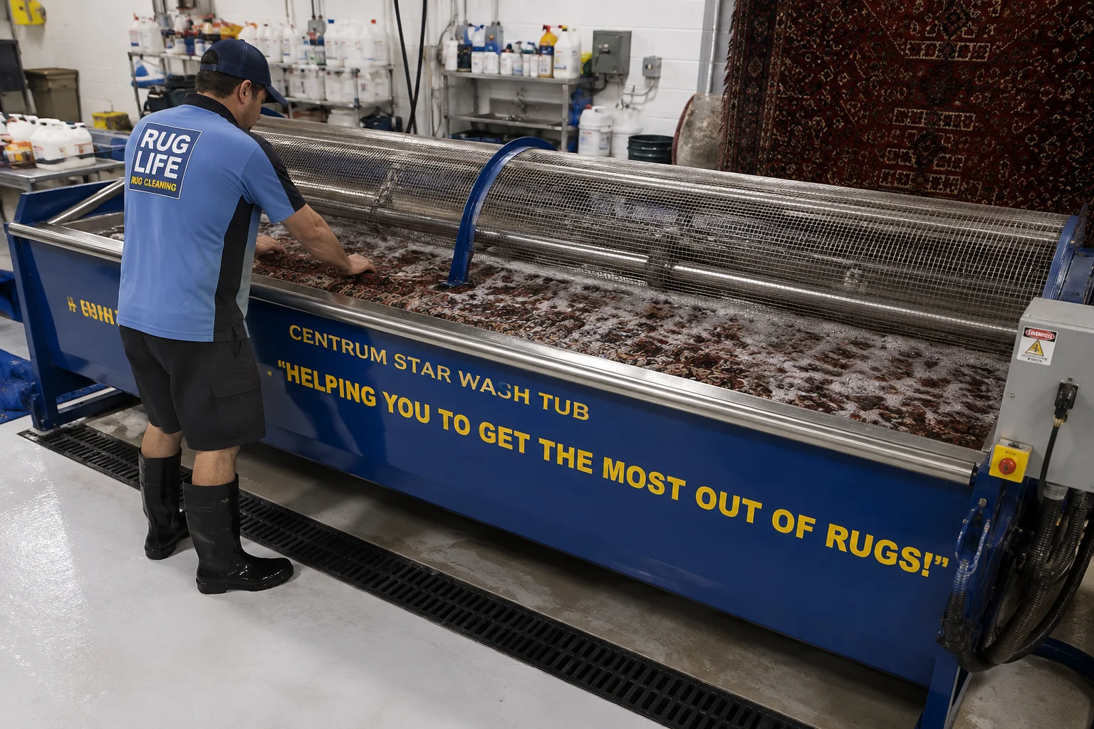 Rug tumbling in the Centrum Star wash tub for dust removal