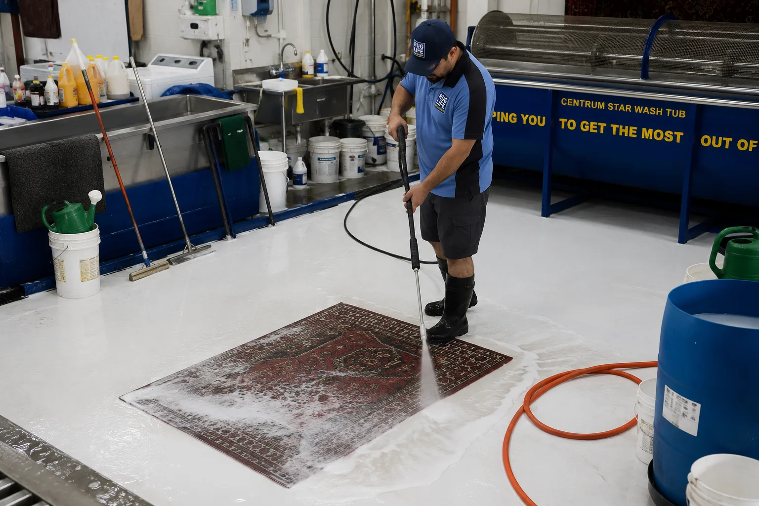 Technician pressure washing an oriental rug on the wash floor