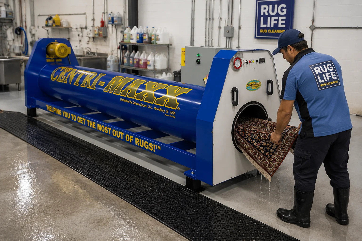 Loading a rug into the Centri-Maxx centrifuge for water extraction