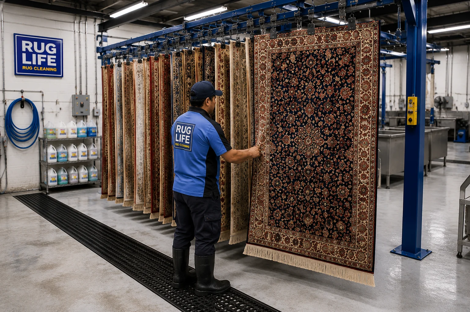 Rugs hanging on the drying carousel in the climate-controlled dry room