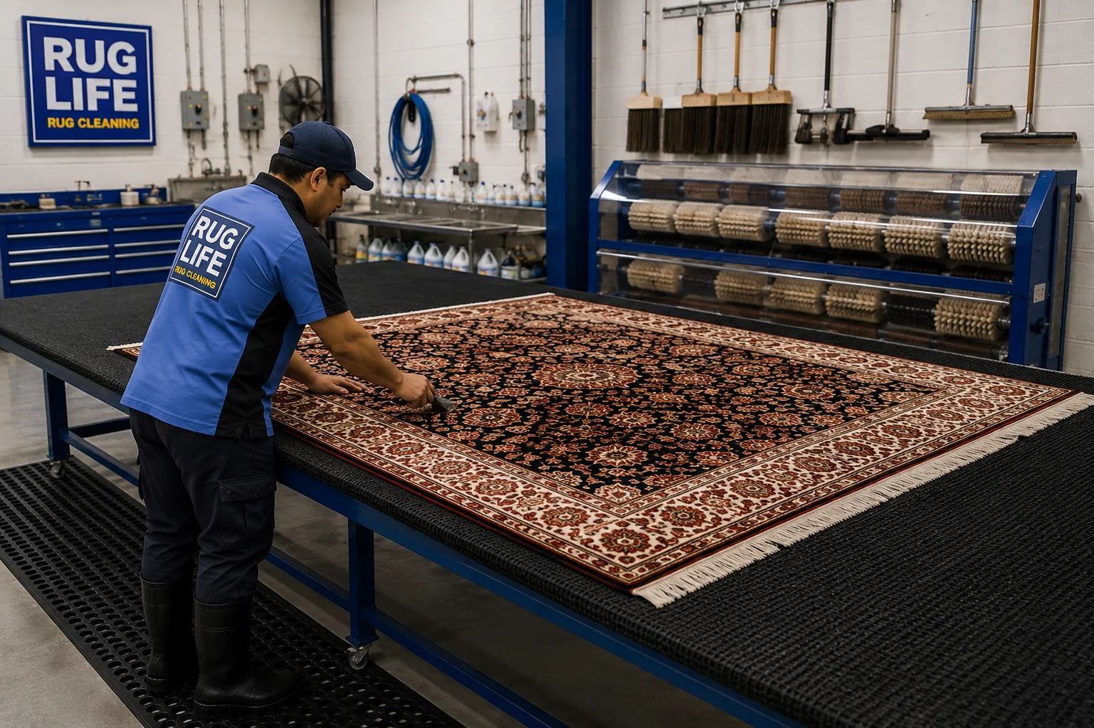 Technician examining a cleaned rug on the inspection table