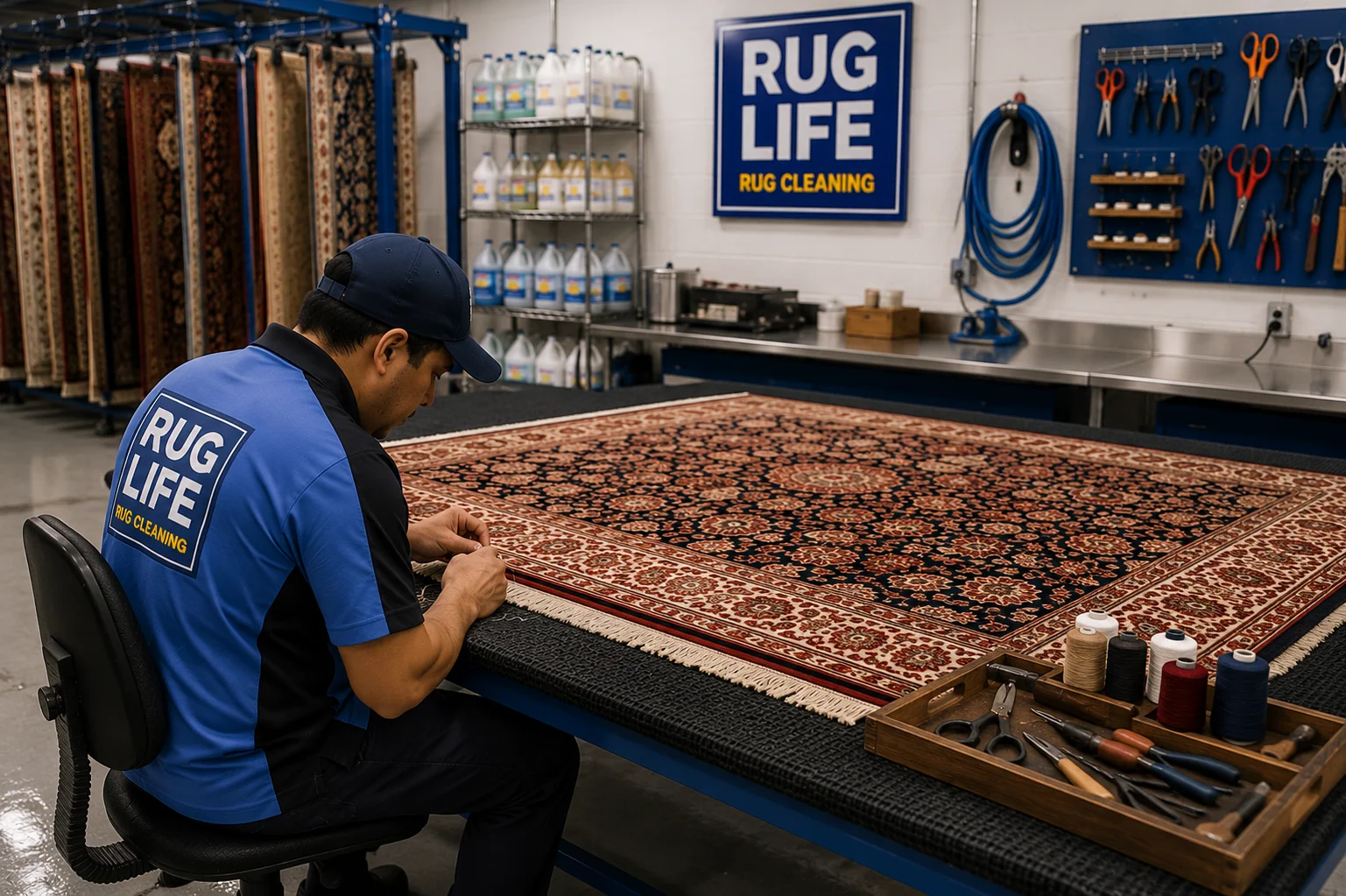 Technician performing detailed repair and protection work on a rug