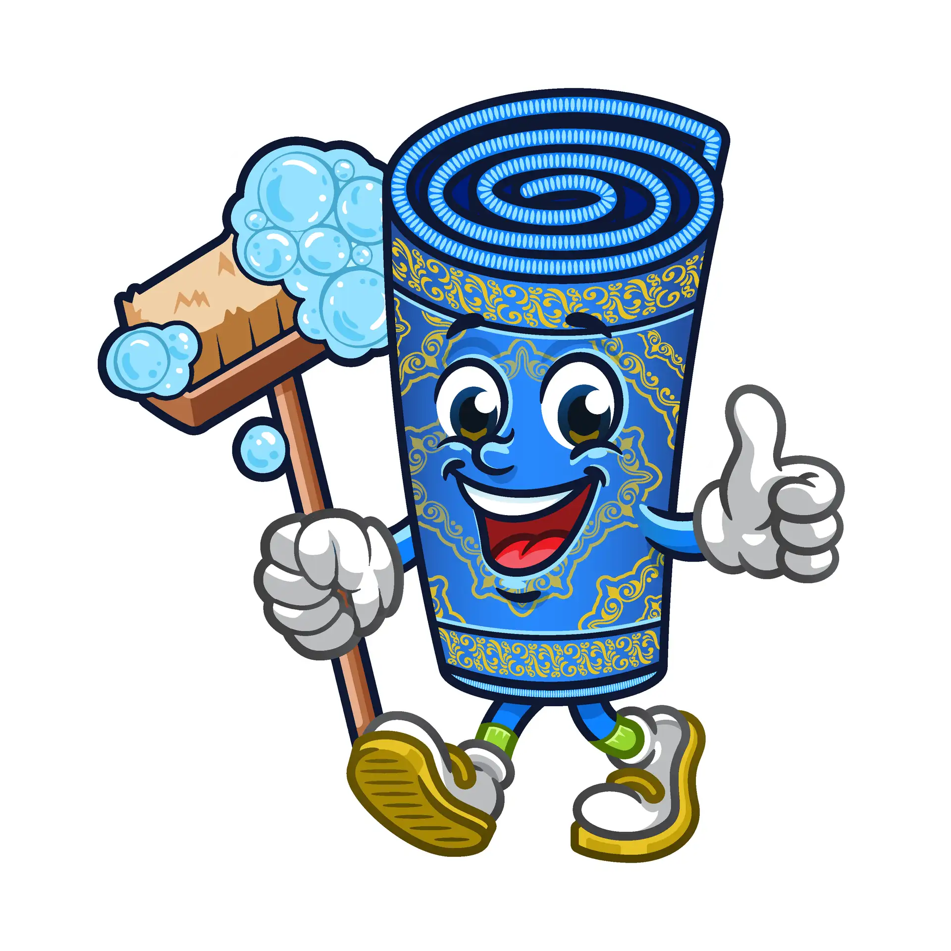 Mascot washing a rug with a scrub brush