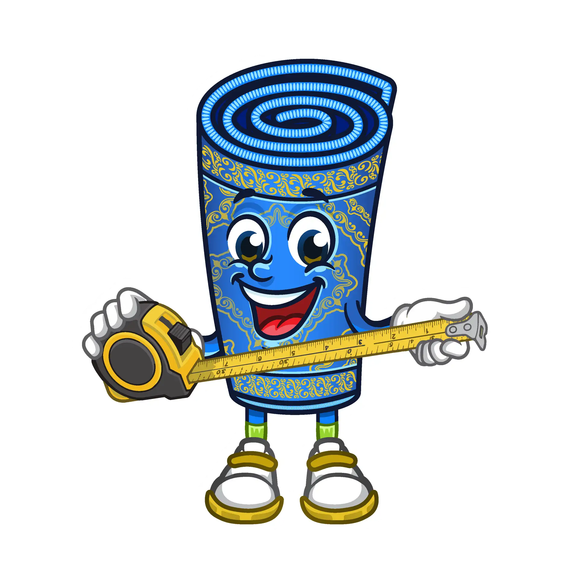 Mascot measuring a rug — pick-up and delivery service