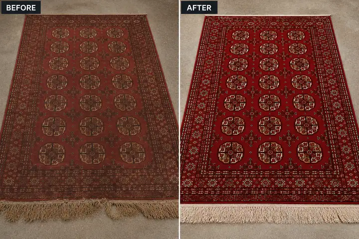 Before and after: Afghan Bokhara rug cleaning showing restored color and groomed fringe