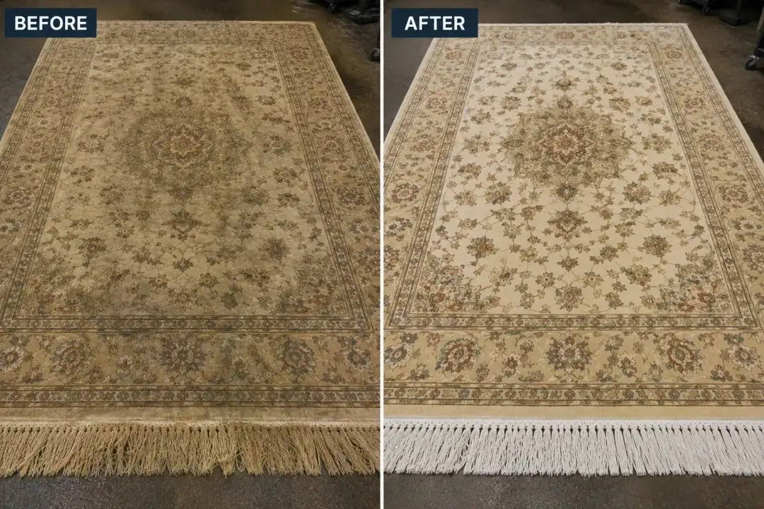 Before and after: Indian Agra rug with fringe whitening showing restored bright white fringe