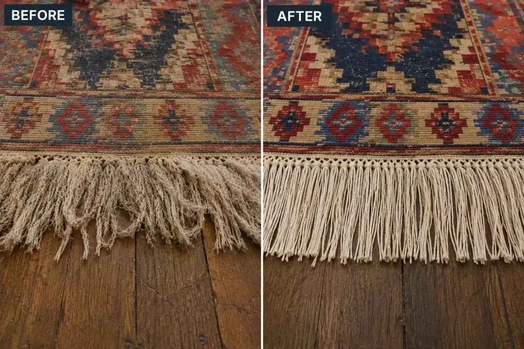 Before and after: Turkish kilim fringe restoration showing whitened and groomed fringe