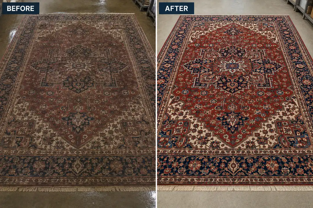 Before and after: large Heriz Persian rug cleaning showing restored rich red and navy medallion