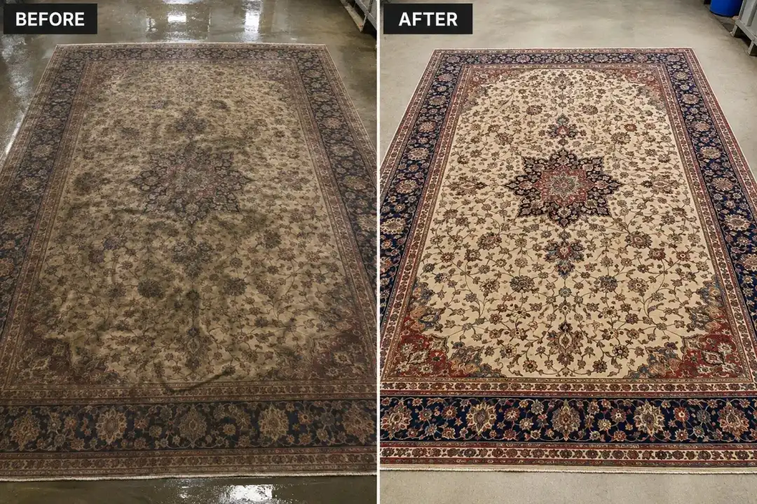 Before and after: oversized 10x14 Persian wool rug cleaned in facility wash tub