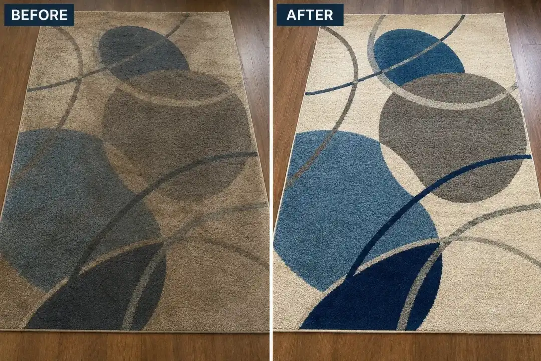 Before and after: contemporary area rug cleaning showing restored blue and gray pattern