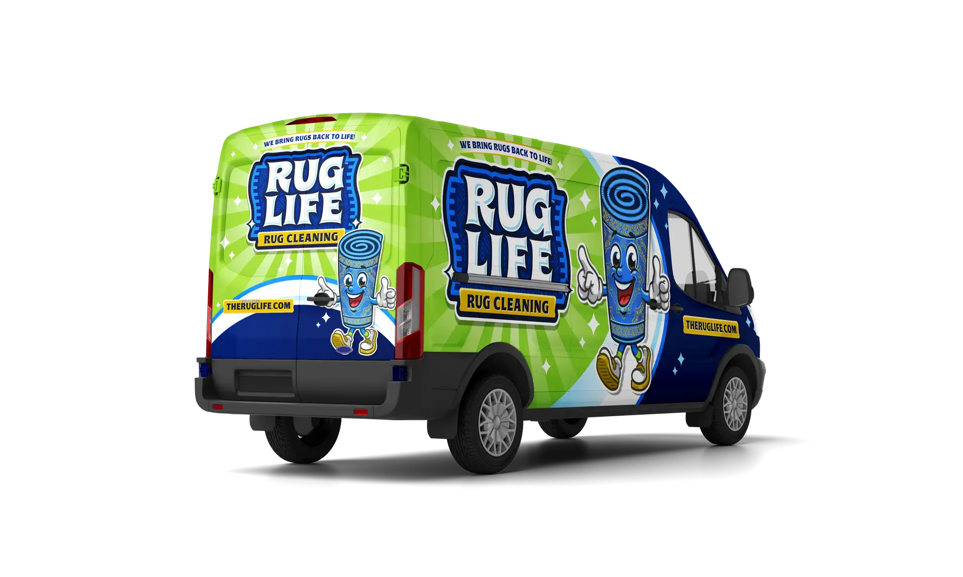 Rug Life branded Ford Transit van — rear three-quarter view