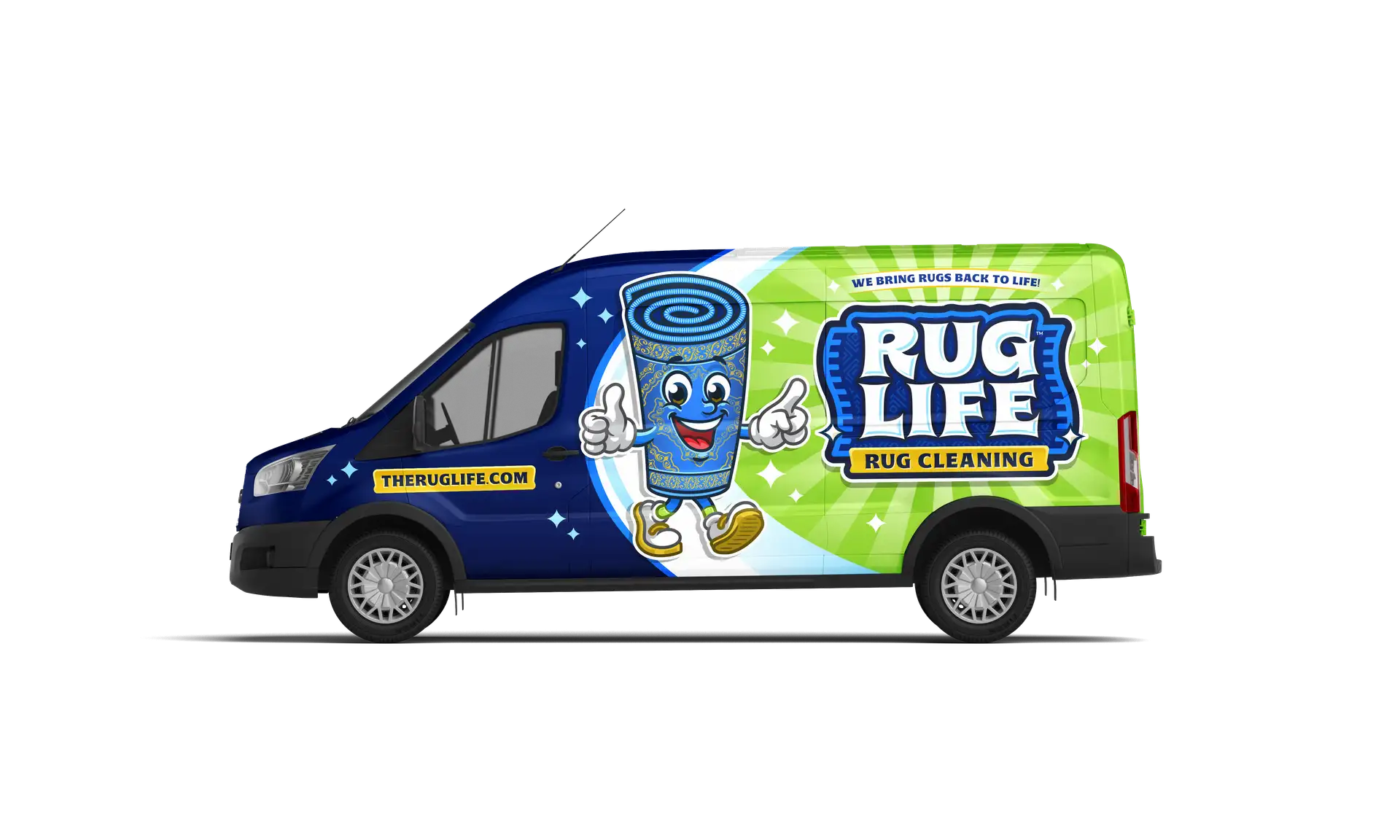 Rug Life branded Ford Transit van — side view